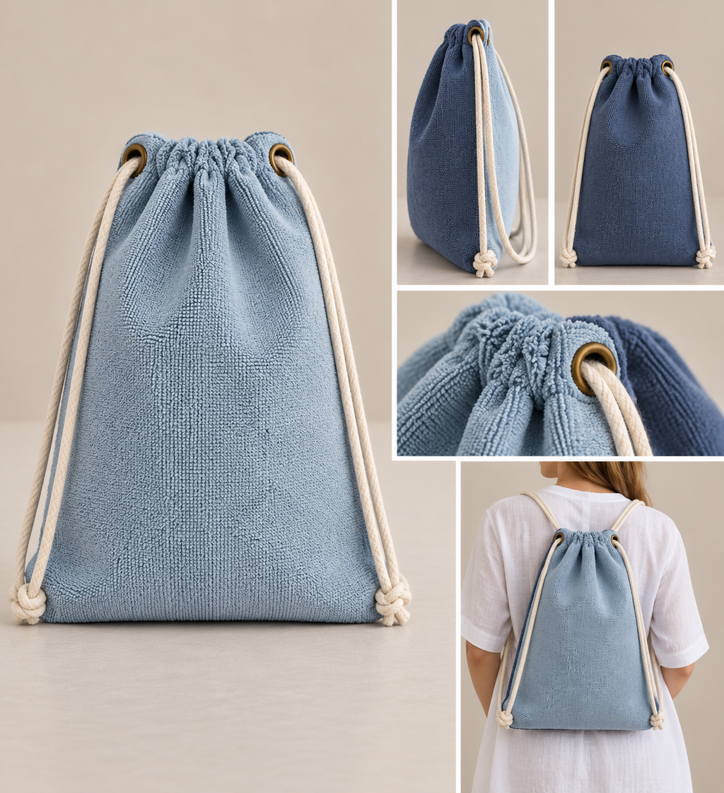 A light blue textured drawstring bag shown in a collage with front, side, top, and back views. One inset shows the bag worn on a person's back, but the main product presentation is a clean product view on a plain beige background.