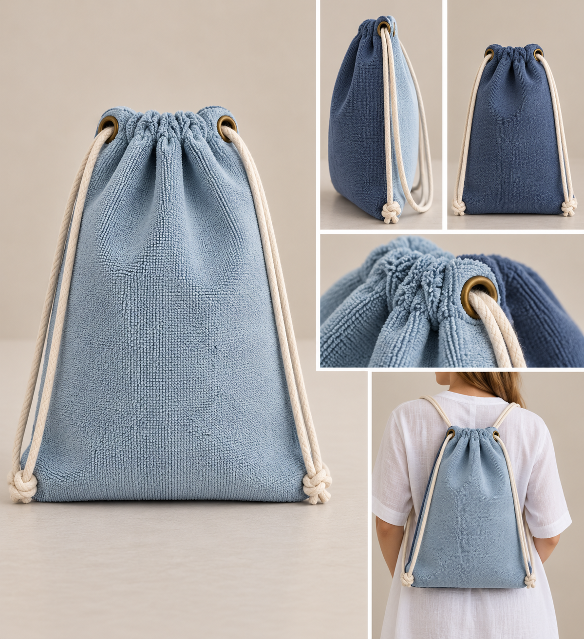 A light blue textured drawstring bag shown in a collage with front, side, top, and back views. One inset shows the bag worn on a person's back, but the main product presentation is a clean product view on a plain beige background.