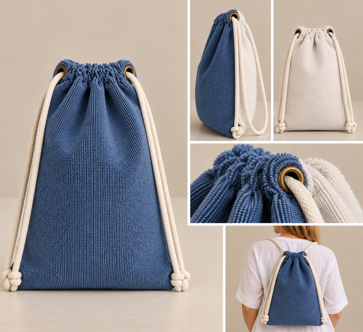 A blue textured drawstring bag with cream rope handles is shown in a collage of product views, including front, side, top, close-up of the drawstring opening, and worn on a person's back.