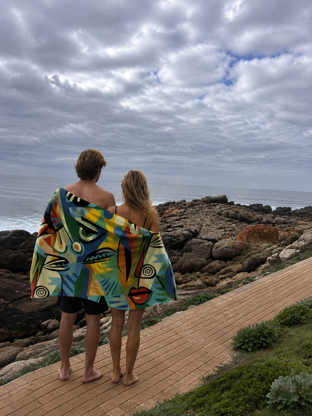 Two people standing on a wooden boardwalk overlooking a rocky coastline under a cloudy sky, wrapped in a colorful abstract-patterned blanket or towel.