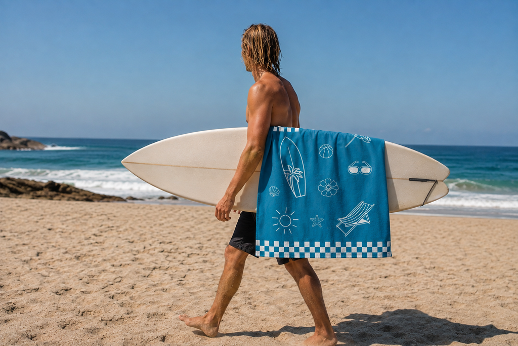A man carrying a white surfboard walks along a sandy beach while wearing a blue patterned towel draped over his arm. The towel features white beach-themed illustrations including a surfboard, sunglasses, a beach chair, and a checkered border at the bottom.