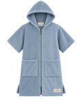 A light blue hooded zip-up towel robe with short sleeves, two front patch pockets, and a small visible SLOFTUB brand label, shown on a plain white background.