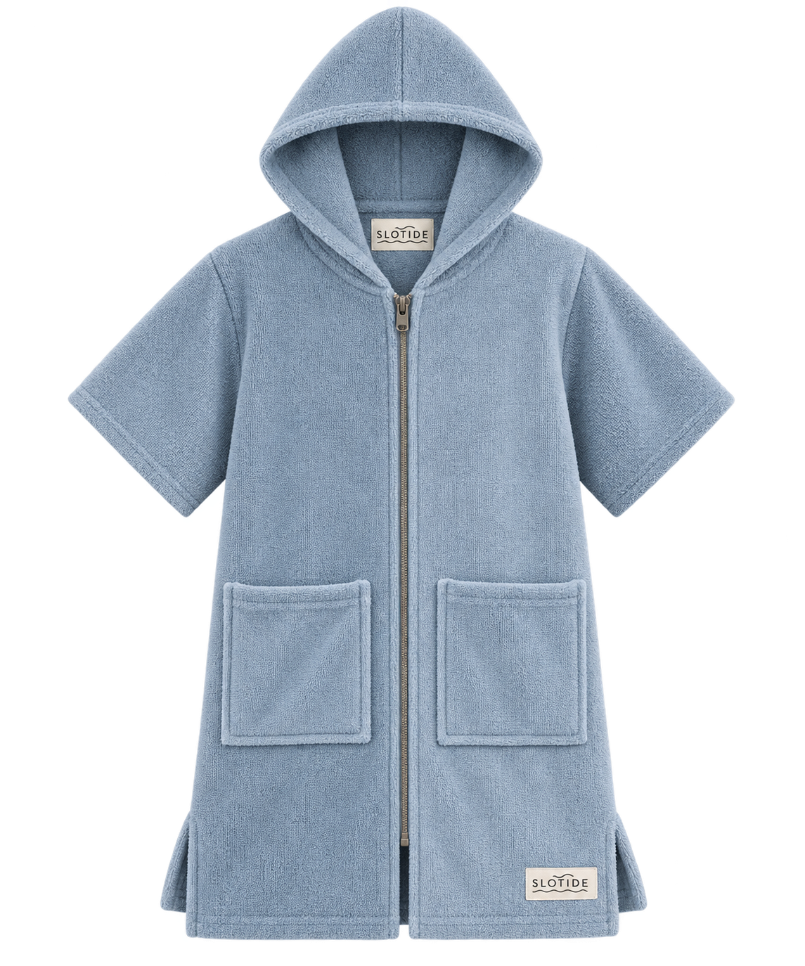 A light blue hooded zip-up towel robe with short sleeves, two front patch pockets, and a small visible SLOFTUB brand label, shown on a plain white background.