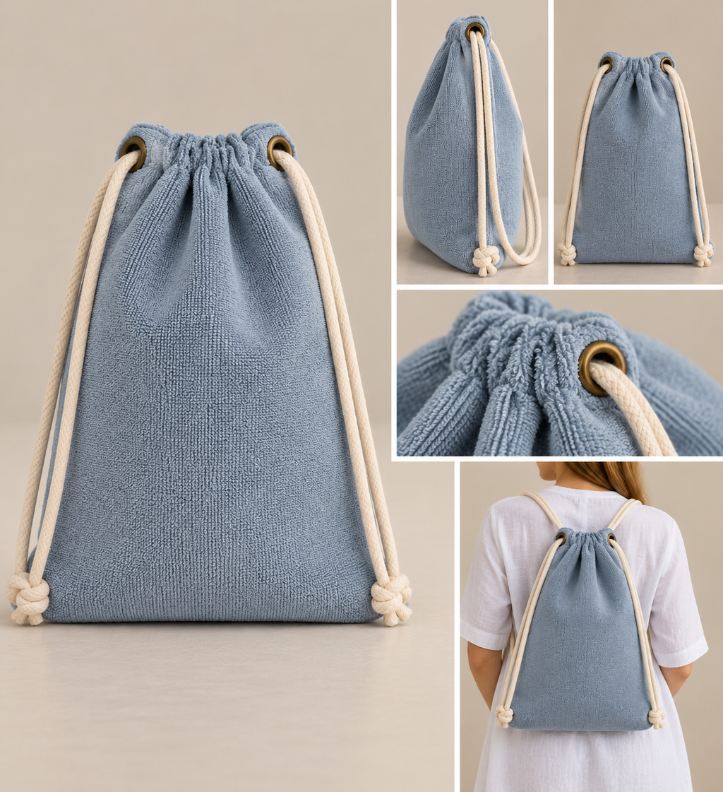 A light blue drawstring pouch bag shown in a collage layout, including a main front view, side and back views, a close-up of the drawstring opening, and a model wearing it from behind. The bag has cream-colored rope drawstrings with gold-toned metal rings and knotted ends.