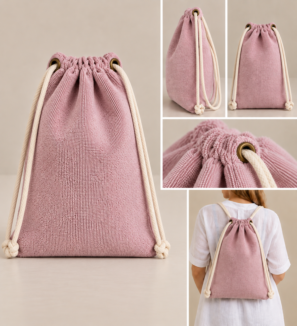 A dusty pink textured fabric drawstring bag shown in a collage, including front and side views, close-up details of the drawstring hardware, and the bag being worn on a person's back.