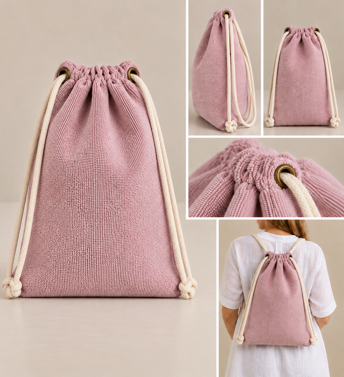 A dusty pink textured fabric drawstring bag shown in a collage, including front and side views, close-up details of the drawstring hardware, and the bag being worn on a person's back.