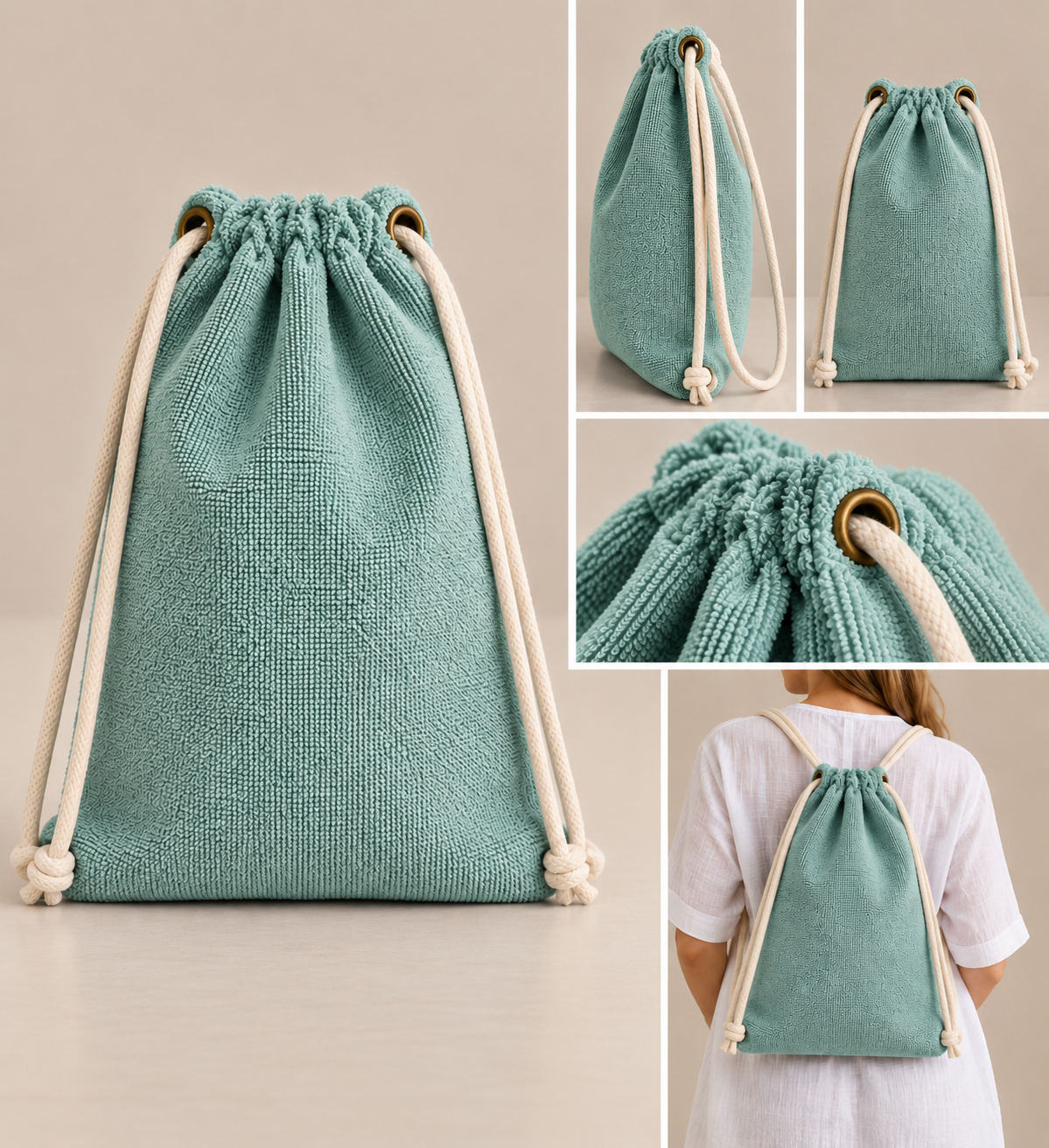 A mint green drawstring pouch shown in multiple views, including a large front view, side and back views, and a close-up of the drawstring opening. In one inset, the pouch is worn over the shoulders of a person wearing a white dress, but the main presentation is a clean product collage on a plain beige studio background.