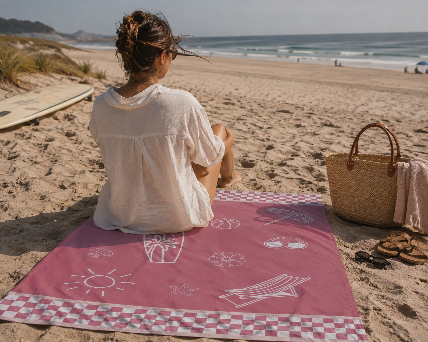 A woman sits on a pink beach towel with white line-art illustrations, positioned on a sandy beach with the ocean in the background. A woven straw tote bag, sandals, and a folded towel are placed beside her.