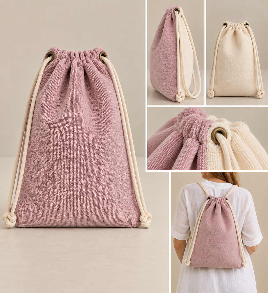 A pink textured drawstring bag shown in a collage with multiple views: a large front view, side and back views, a close-up of the drawstring hardware, and one view worn on a person's back. The bag has cream-colored drawstrings and brass grommets.