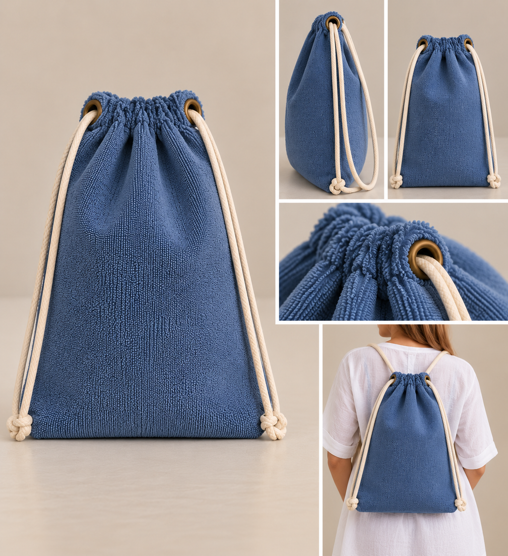 Blue textured fabric drawstring bag with cream rope ties, shown in a main front view and four smaller detail/lifestyle views including side view, top view, close-up of the drawstring opening, and worn over the shoulder.