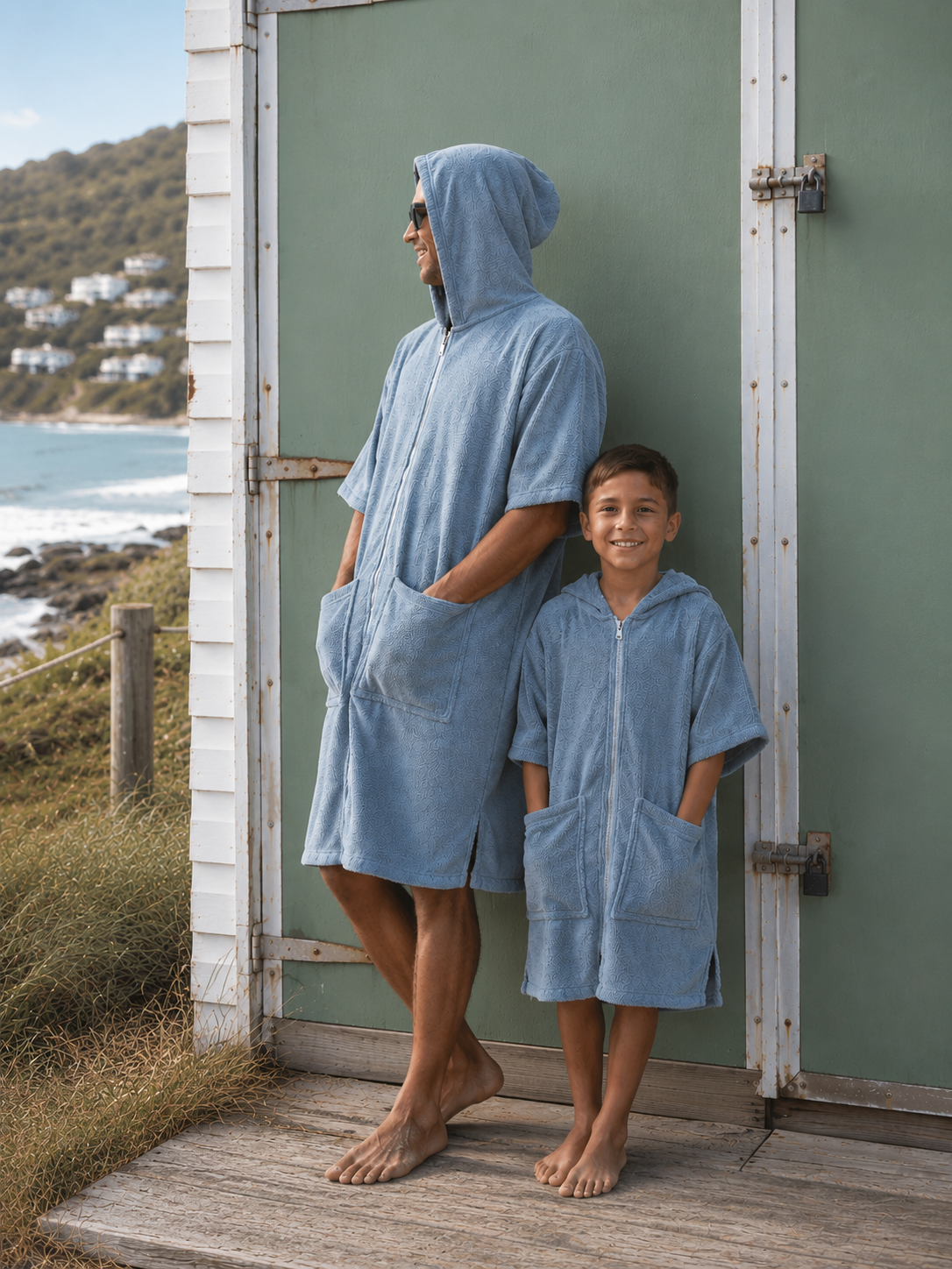 A man and a child wearing matching light blue hooded towel robes with front pockets, standing barefoot on a wooden deck in front of a green beach hut with ocean and hills in the background.