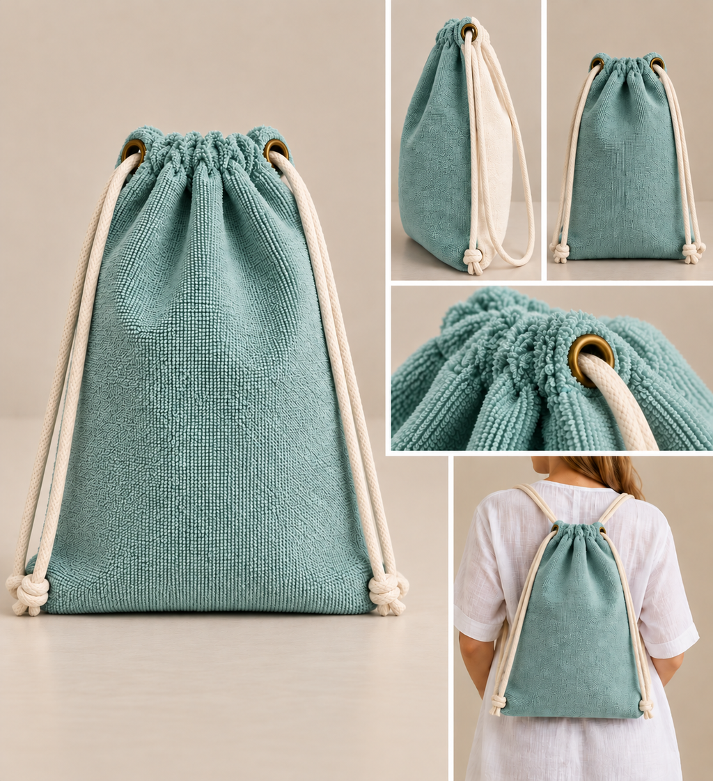 A collage showing a small drawstring bag in a textured sage green fabric. The main panel shows the front view with cream rope drawstrings and gold-toned metal rings.