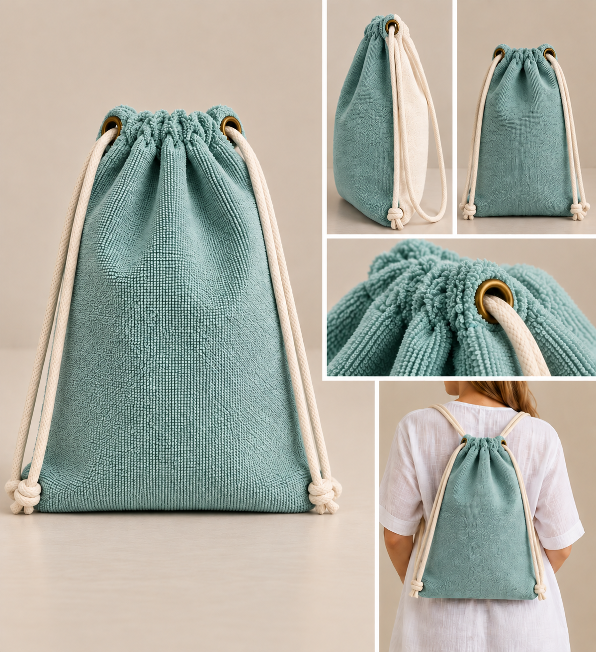 A collage showing a small drawstring bag in a textured sage green fabric. The main panel shows the front view with cream rope drawstrings and gold-toned metal rings.