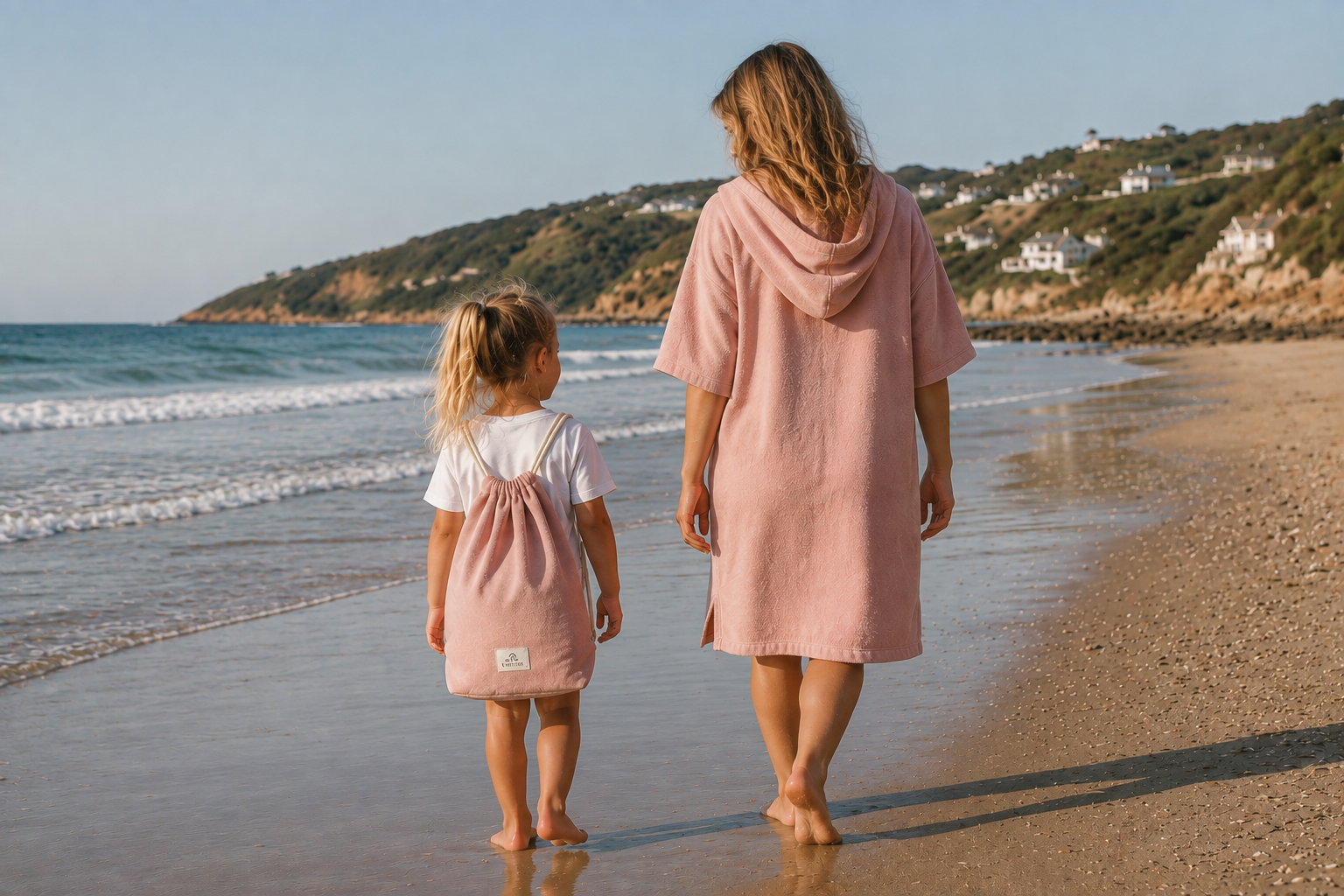 A woman and a young girl walking away on a sandy beach, both wearing dusty pink hooded towel. 